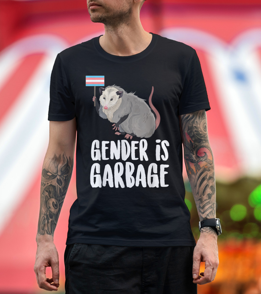 Gender Is Garbage Opossum Holding Transgender Pride Flag T-Shirt