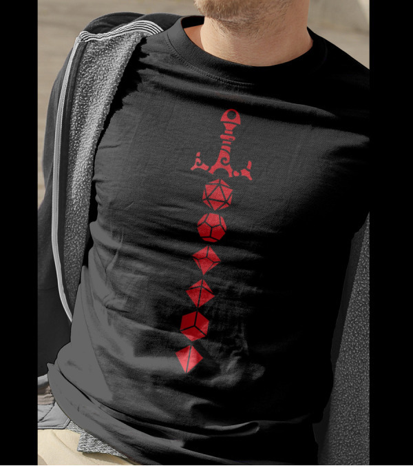 Nerdy Geeky Minimalist Sword With Polyhedral Dice Set T-Shirt