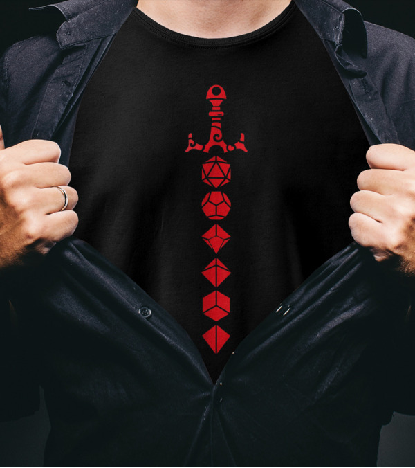 Nerdy Geeky Minimalist Sword With Polyhedral Dice Set T-Shirt