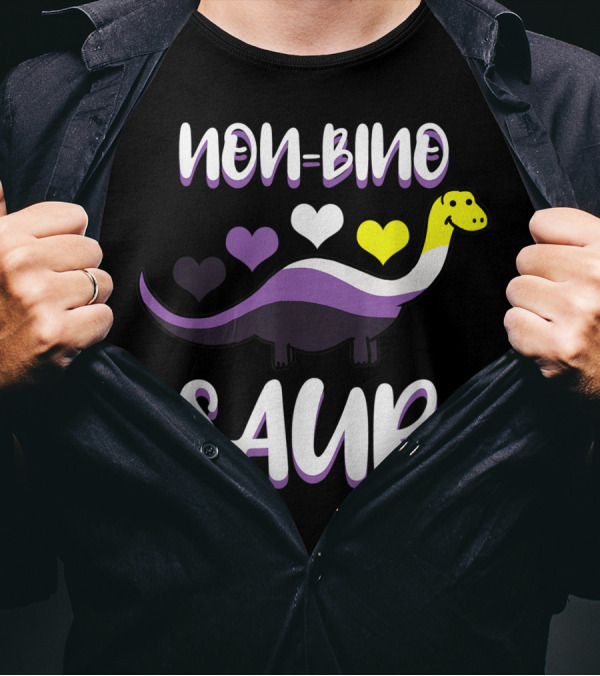 Non Bino Saur Nonbinary Pride Dinosaur With Hearts T-Shirt