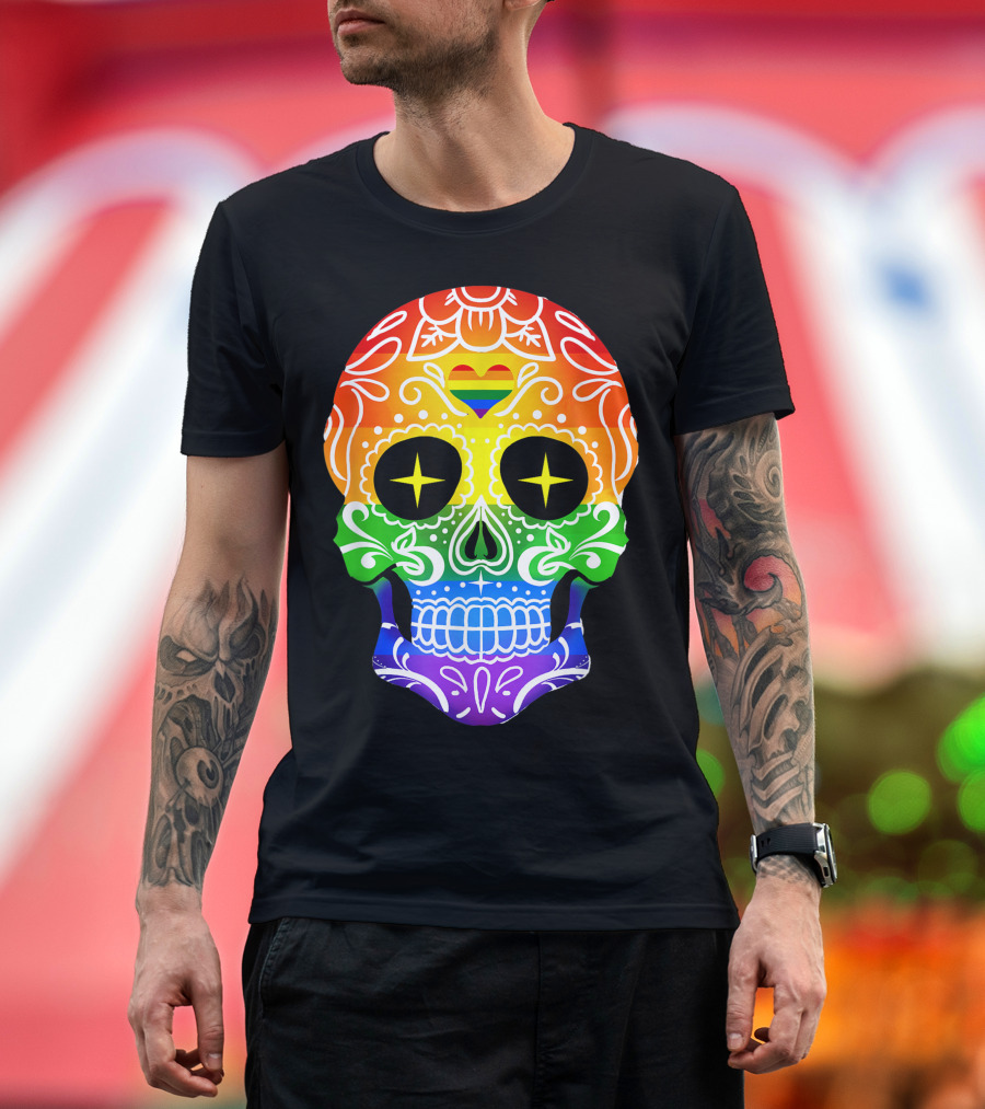 Rainbow Sugar Skull With Heart Día de los Muertos T-Shirt