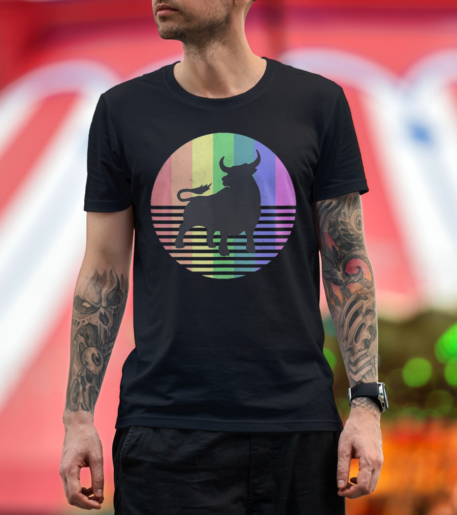 Retro Bull Silhouette with Rainbow Flag Background for Gay Pride T-Shirt