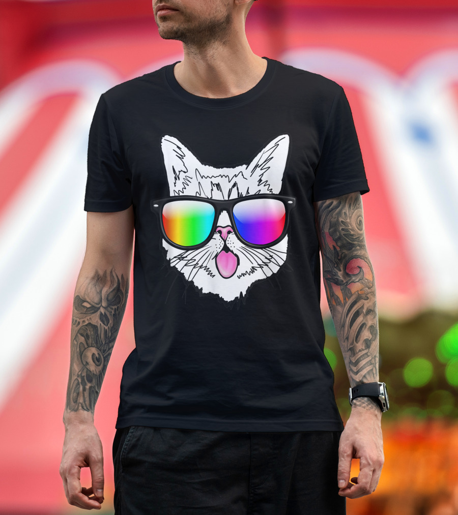 Silly Cute Cat Face Tongue Out Sunglasses Rainbow T-Shirt