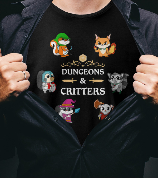 Dungeons And Critters RPG D20 Roleplaying Tabletop Gamers Adventurous Animal Characters T-Shirt