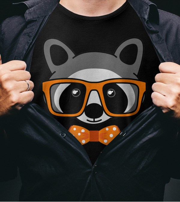 Raccoon Smart Glasses Nerdy Geek Polka Dot Bow Tie Science T-Shirt