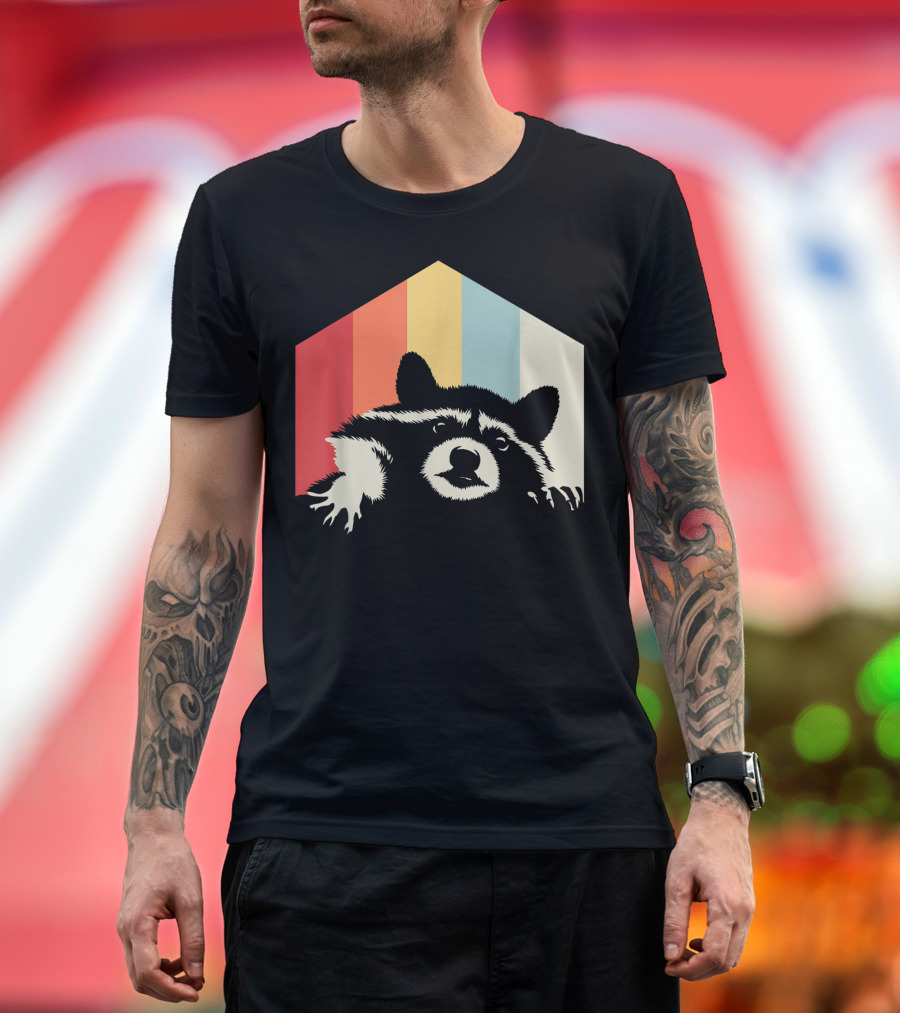 Retro Raccoon Vintage Stripes House Shape T-Shirt