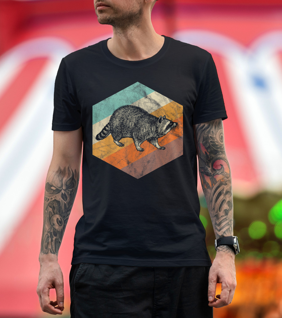 Wisconsin Badger Raccoon Vintage Hexagon Retro Stripes T-Shirt