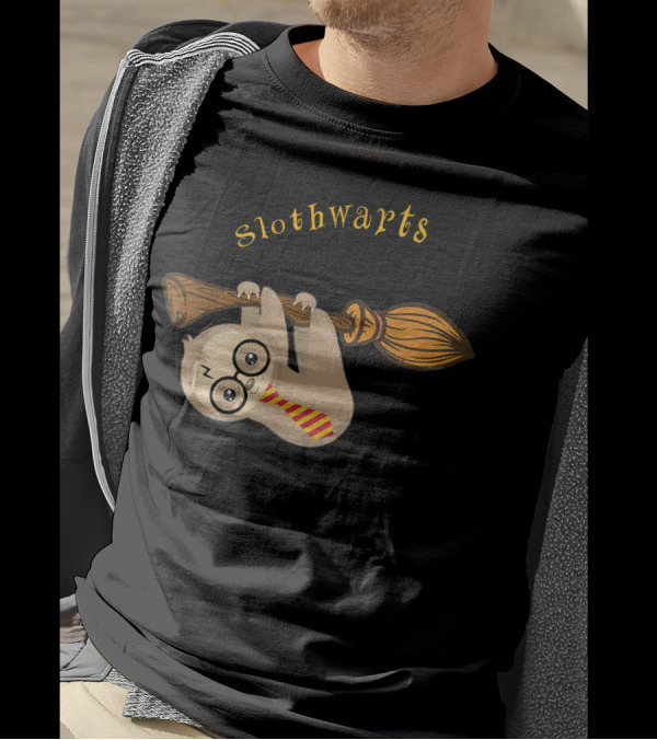 Slothwarts Cute Sloth On Broomstick With Glasses And Tie T-Shirt