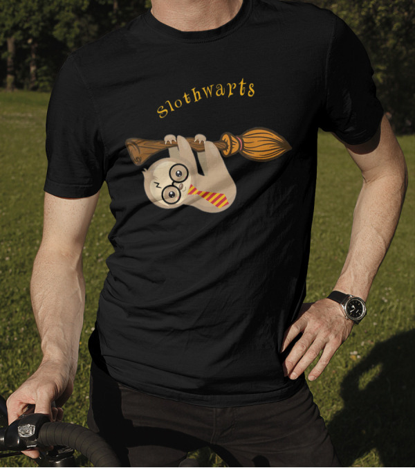 Slothwarts Cute Sloth On Broomstick With Glasses And Tie T-Shirt
