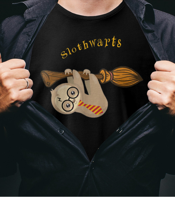 Slothwarts Cute Sloth On Broomstick With Glasses And Tie T-Shirt