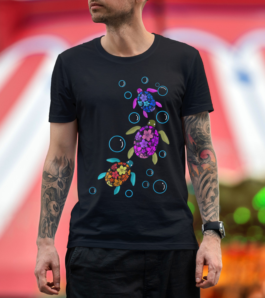 Hawaiian Sea Turtle Tropical Colors Floral Pattern Bubbles T-Shirt