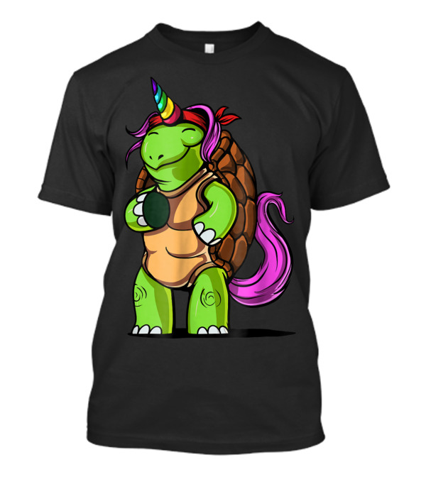 Magical Rainbow Horned Turtle Tortoise Unicorn With Pink Mane And Tail T-Shirt