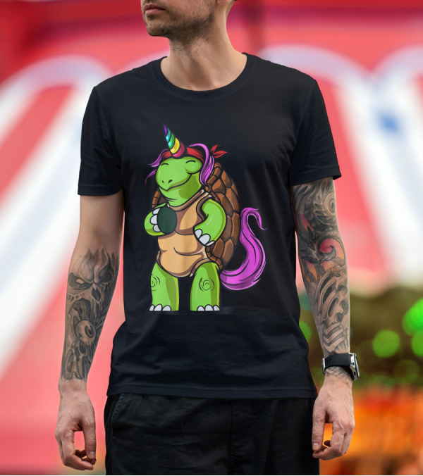 Magical Rainbow Horned Turtle Tortoise Unicorn With Pink Mane And Tail T-Shirt