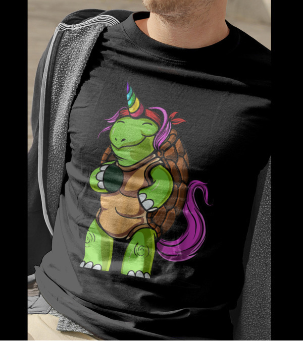 Magical Rainbow Horned Turtle Tortoise Unicorn With Pink Mane And Tail T-Shirt