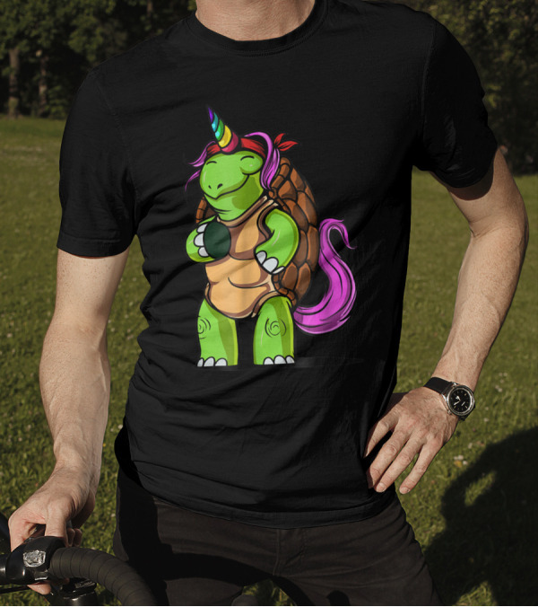 Magical Rainbow Horned Turtle Tortoise Unicorn With Pink Mane And Tail T-Shirt