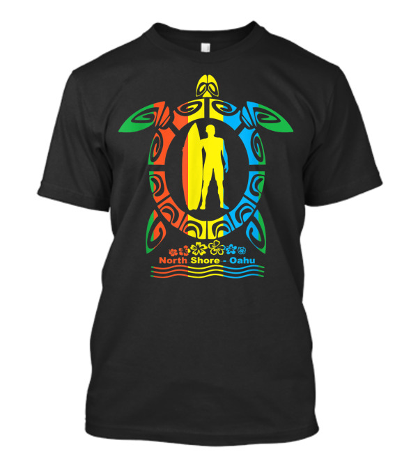 North Shore Oahu Hawaiian Turtle Surfer Silhouette With Surfboard And Tropical Flowers T-Shirt