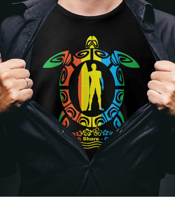 North Shore Oahu Hawaiian Turtle Surfer Silhouette With Surfboard And Tropical Flowers T-Shirt