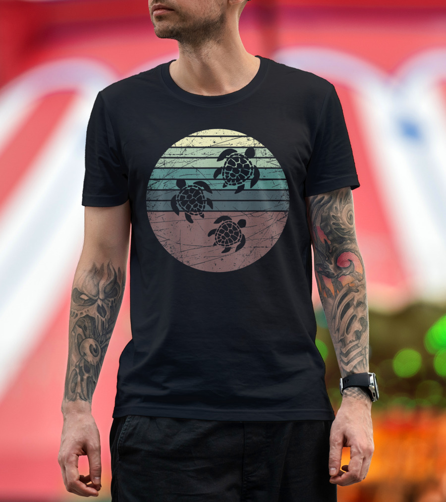 Retro Sea Turtle Vintage Sunset Ocean Stripes T-Shirt