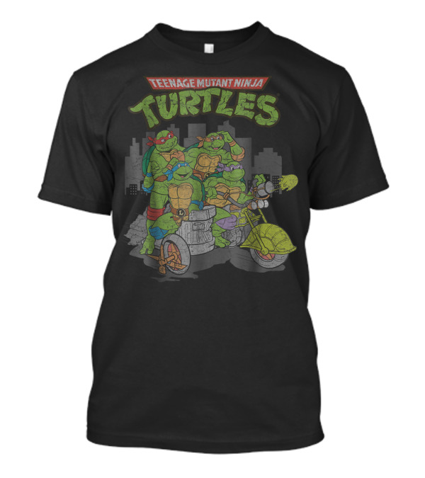 Teenage Mutant Ninja Turtles Group Riding Trash Motorcycle In Cityscape T-Shirt