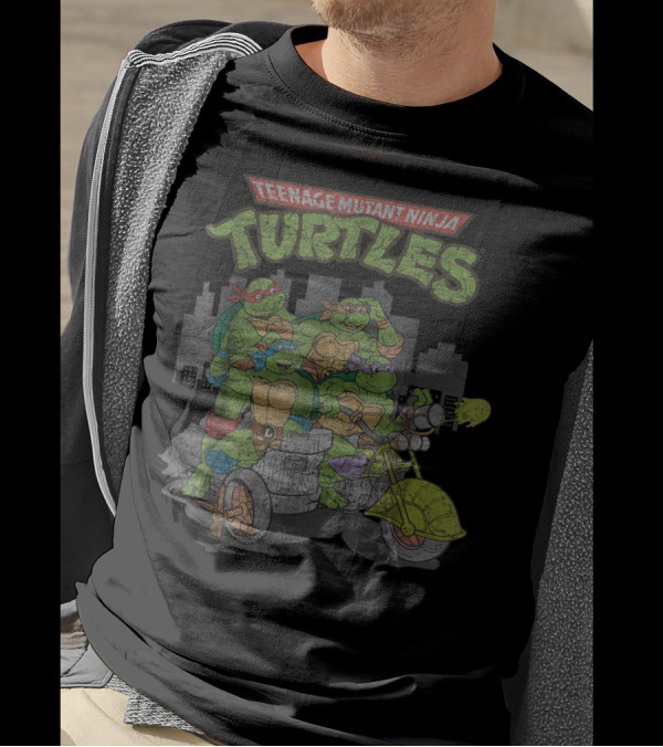 Teenage Mutant Ninja Turtles Group Riding Trash Motorcycle In Cityscape T-Shirt