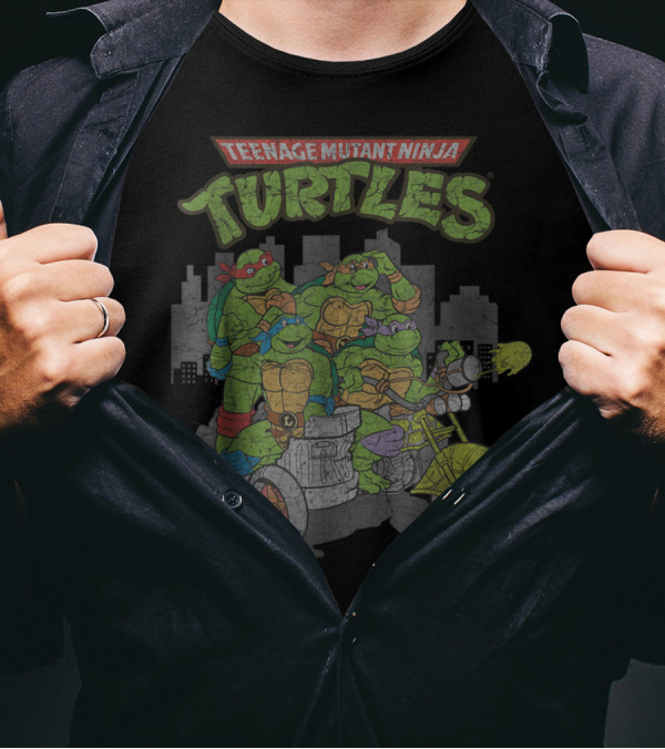 Teenage Mutant Ninja Turtles Group Riding Trash Motorcycle In Cityscape T-Shirt