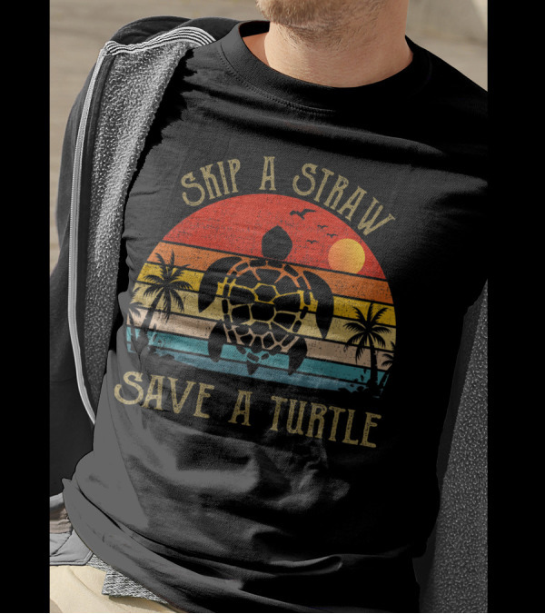 Skip A Straw Save A Turtle Sunset Tropical T-Shirt
