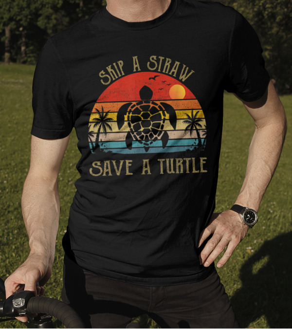Skip A Straw Save A Turtle Sunset Tropical T-Shirt
