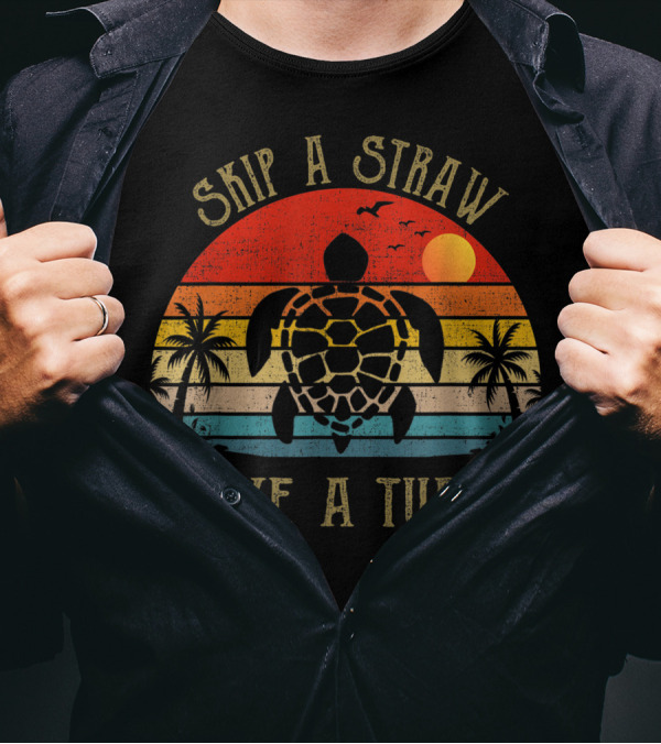 Skip A Straw Save A Turtle Sunset Tropical T-Shirt