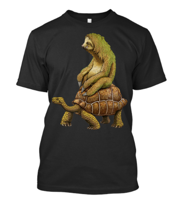 Sloth Riding Tortoise Sloth Riding Turtle Lv Brown Shell Green Fur T-Shirt