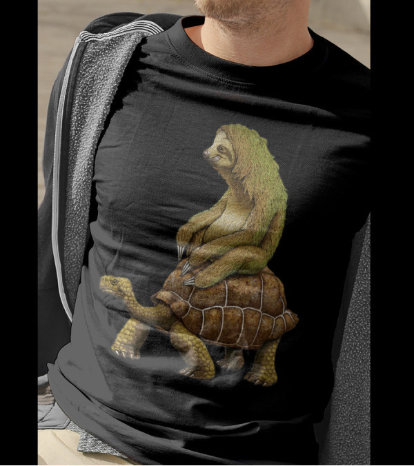 Sloth Riding Tortoise Sloth Riding Turtle Lv Brown Shell Green Fur T-Shirt