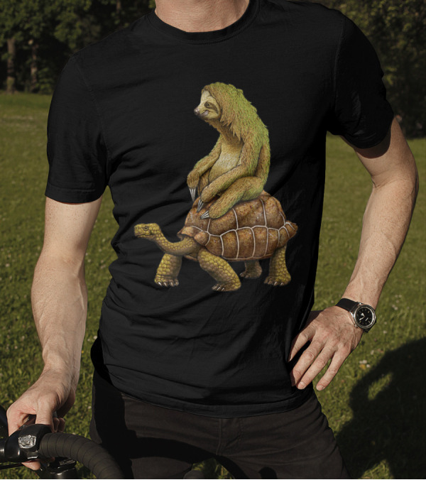 Sloth Riding Tortoise Sloth Riding Turtle Lv Brown Shell Green Fur T-Shirt