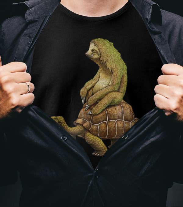 Sloth Riding Tortoise Sloth Riding Turtle Lv Brown Shell Green Fur T-Shirt