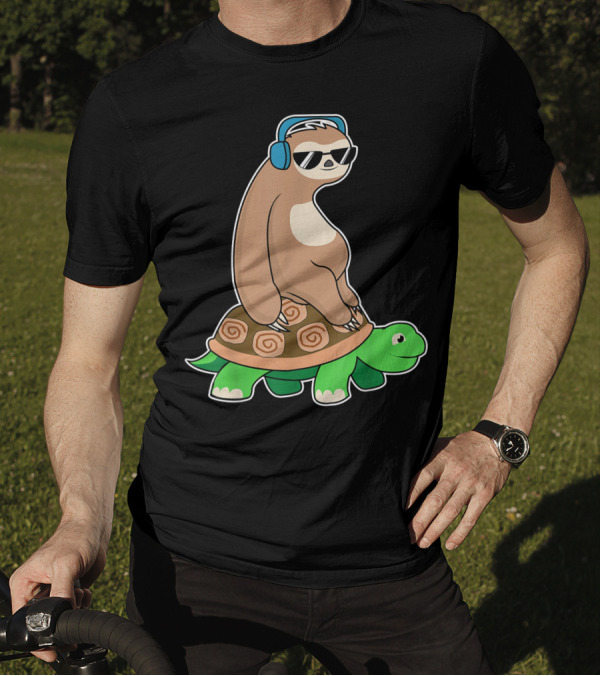 Sloth Riding Turtle Lazy Sloth Os Headphones Sunglasses T-Shirt