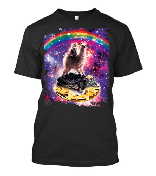 Space Cat And Llama On Turtle Over Nachos With Galactic Rainbow T-Shirt