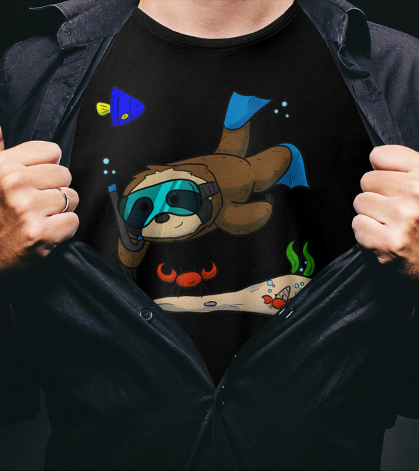 Scuba Diving Snorkeling Sloth Lazy Tired Crab Fish Ocean Exploration T-Shirt