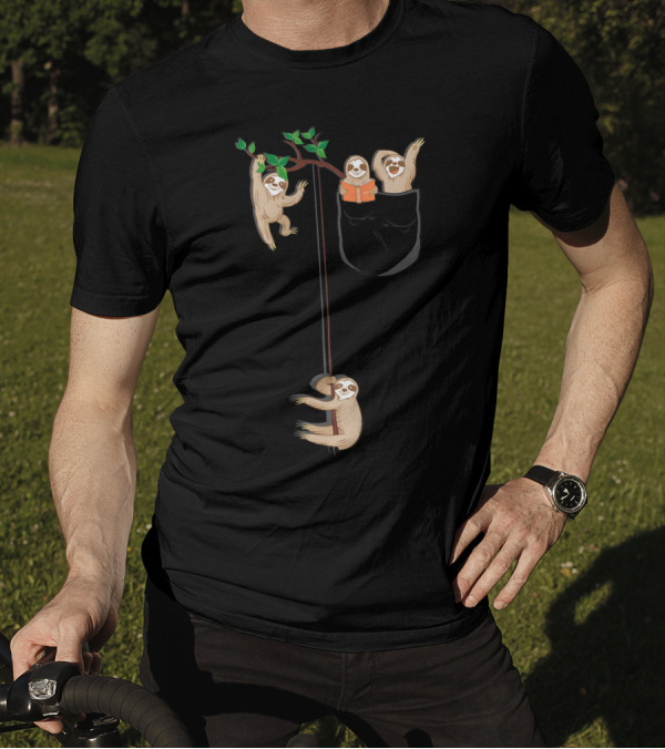 T Happy Sloth Family Hanging Out In Pocket Habitat T-Shirt