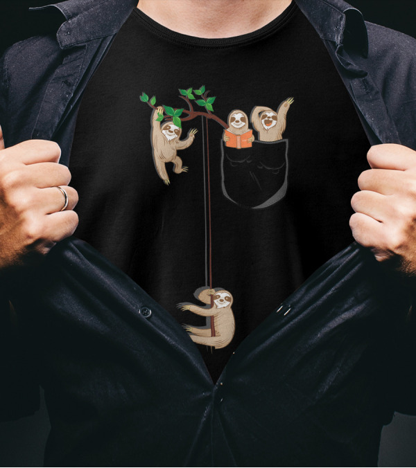 T Happy Sloth Family Hanging Out In Pocket Habitat T-Shirt