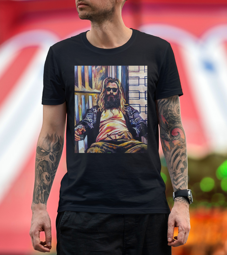 Fat Thor Holding Drink Relaxed Sitting T-Shirt