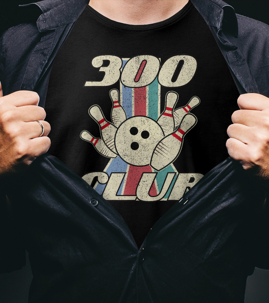 300 Club Bowling Distressed Perfect Game Retro Bowling Pins And Ball T-Shirt