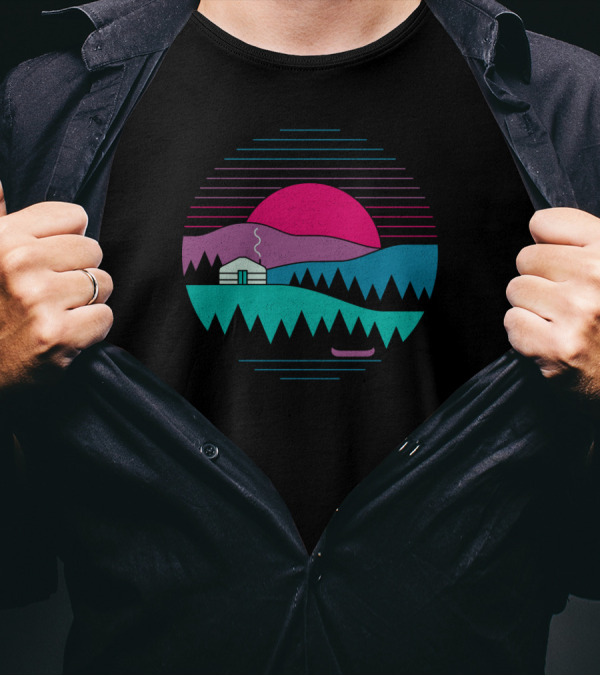 Retro Sunset Mountain Cabin And Canoe Scene Back To Basics T-Shirt