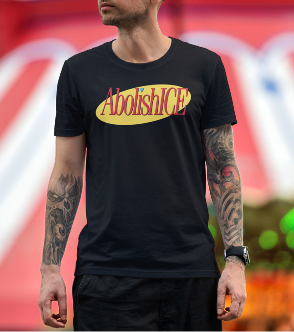 Premium T-Shirt: Abolish I.C.E. Logo in Seinfeld Style Yellow Oval T-Shirt Abolish I.C.E. Logo in Seinfeld Style Yellow Oval T-Shirt