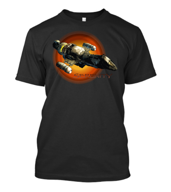 Firefly Serenity Spaceship Iconic Sci-Fi Ship Against Fiery Backdrop T-Shirt