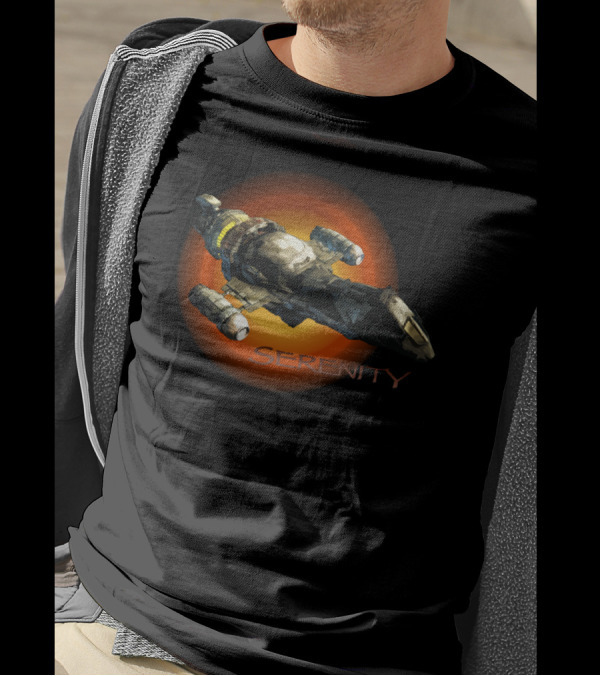 Firefly Serenity Spaceship Iconic Sci-Fi Ship Against Fiery Backdrop T-Shirt