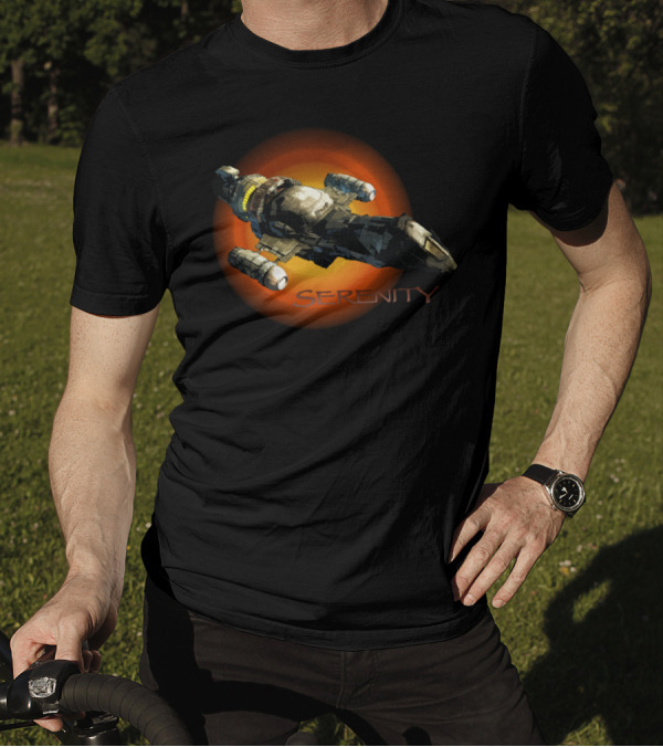 Firefly Serenity Spaceship Iconic Sci-Fi Ship Against Fiery Backdrop T-Shirt