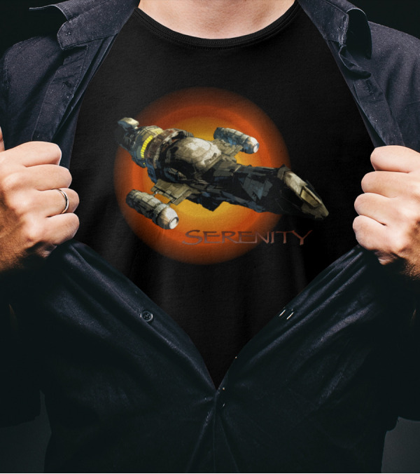 Firefly Serenity Spaceship Iconic Sci-Fi Ship Against Fiery Backdrop T-Shirt