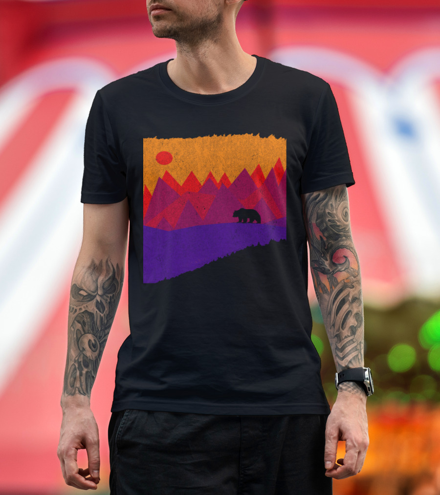 Mountains Sunset Silhouette with Bear Under Vibrant Sky T-Shirt