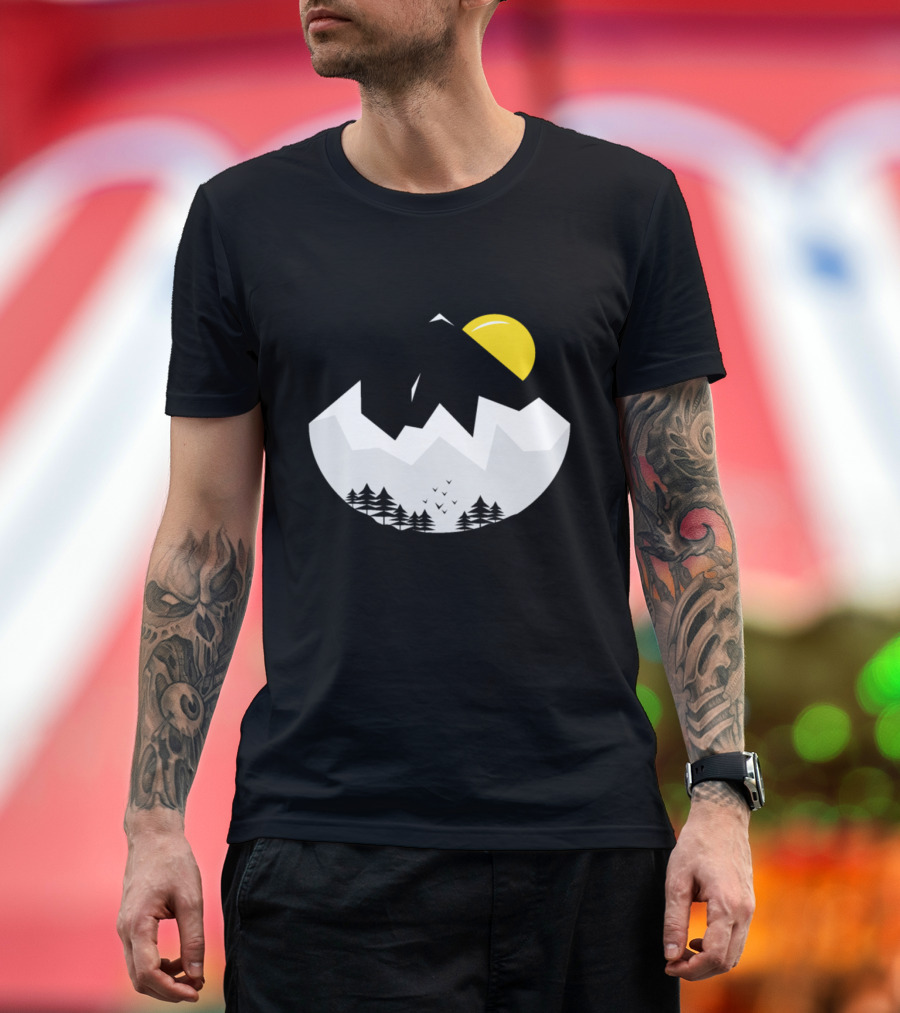 Black White Mountain Night Scene with Yellow Sun and Pine Trees T-Shirt