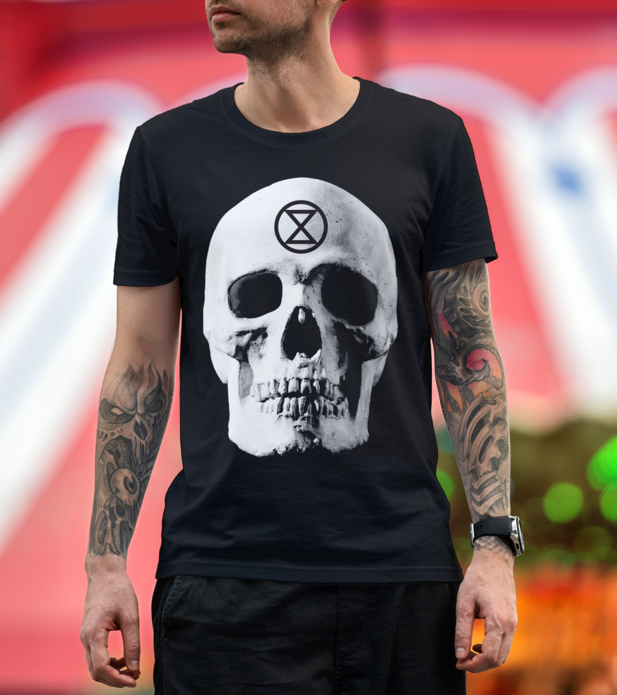 Extinction Rebellion Skull with Hourglass Symbol in Deadly Warning T-Shirt