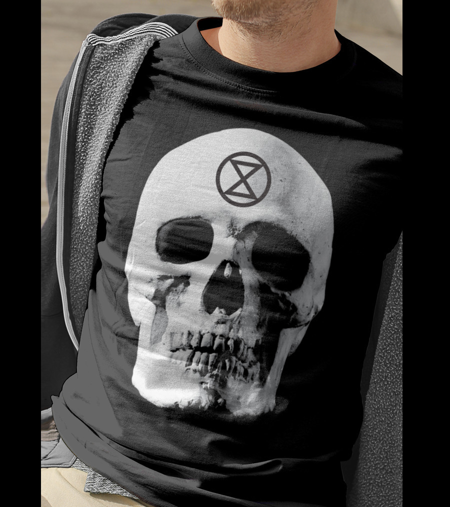 Extinction Rebellion Skull With Hourglass Symbol In Deadly Warning T-Shirt
