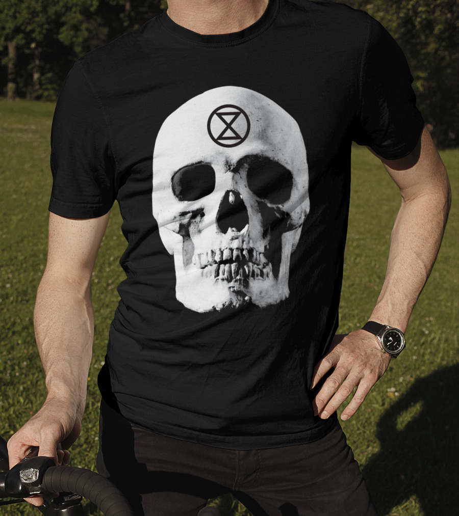 Extinction Rebellion Skull With Hourglass Symbol In Deadly Warning T-Shirt